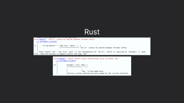 Screenshot of Rust compiler errors caused by trying to move !Send values between threads and leaking a reference to a stack value