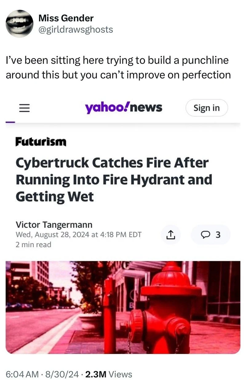 Miss Gender
@girldrawsghosts I've been sitting here trying to build a punchline around this but you can’t improve on perfection 

Cybertruck Catches Fire After Running Into Fire Hydrant and Getting Wet