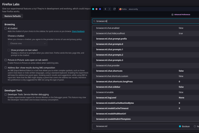 Firefox Labs:

Disable AI chatbot with `about:config`
Search `browser.ml` and wipe all values and enter Zero's where necessary, and set `false` for shortcuts and sidebar, ensure `browser.ml.enable` is set false.

Once you have made changes, restart Firefox. The once Greyed-out Checkbox should no longer be checked and AI chatbot fully disabled.