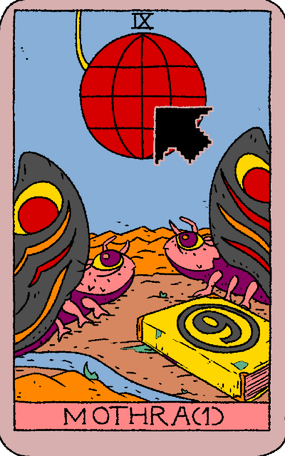 it's a tarot card number 9

it features two fluffly butterflies looking towards a red planet with a cursor just about to click on it 

There's a 9 tome in the foreground.