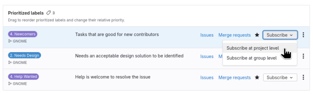 A screenshot of the three prioritized labels in GNOME Calendar ("newcomers", "needs design", and "help wanted"), each with a contextual menu to "Subscribe at the project level".