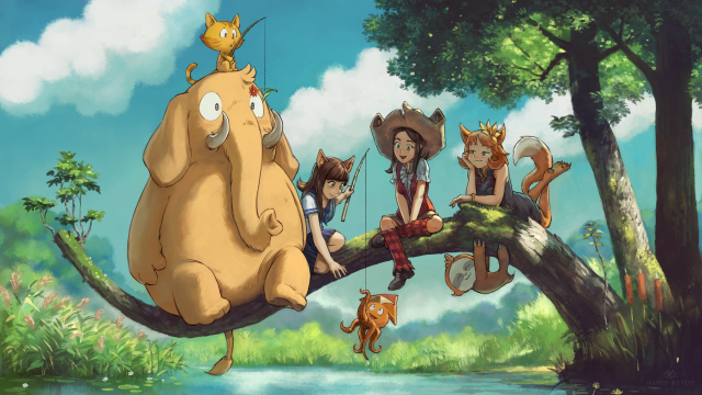 Many characters are sitting on a branch over a small pond, in nature. The branch bends under the weight of the giant Mastodon mascot. On his head, Carrot is fishing, but only gets a flower. Near him, the mascot of Misskey Ai-chan (a young Japanese student dressed in a school uniform and with cat hears) is fishing: she has caught the mascot of Peertube, an octopus. Pepper the witch is sitting in the middle of the branch, amused by the scene, and on the left, Pleroma-tan (a fox girl in a dark Japanese dress, with a fox tail) is also amused by the scene. Under the branch hangs the mascot of Gotosocial, a sloth.

License: CC-BY-SA by David Revoy, with fair-use parody of "My Neighbor Totoro", ( www.ghibli.jp ), and mascots of Mastodon ( joinmastodon.org ) , Pleroma-tan ( pleroma.social ), Misskey Ai-chan ( misskey-hub.net ), GotoSocial ( gotosocial.org ), Peertube  ( joinpeertube.org ). 
https://creativecommons.org/licenses/by-sa/4.0/deed.en