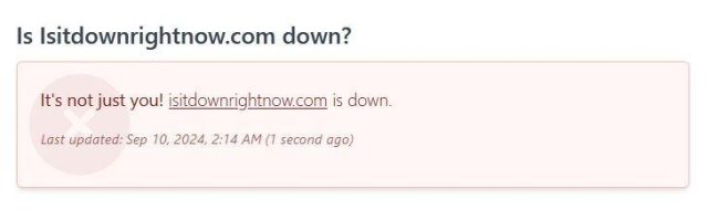 A screenshot of the http://downforeveryoneorjustme.com page that has used to check if the https://www.isitdownrightnow.com/ is down or not.

https://www.isitdownrightnow.com/ is reported as 'down'.
