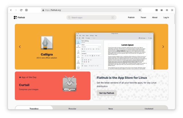 Screenshot of flathub.org, with the app Calligra featured prominently in a top banner