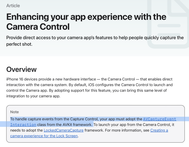 A screenshot from the apple developer side highlighting that “To handle capture events from the Capture Control, your app must adopt the AVCaptureEventInteraction class from the AVKit framework.”