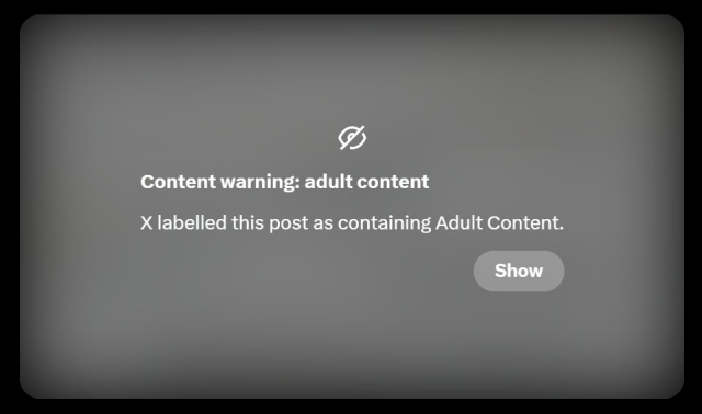 Screenshot of a content warning on the social media platform X (formerly Twitter), with a greyed-out background. The message reads: 'Content warning: adult content. X labelled this post as containing Adult Content.' Below the text, there is a button labeled 'Show.' A small eye icon with a slash across it is displayed at the top of the message, indicating the post is hidden due to its sensitive nature.