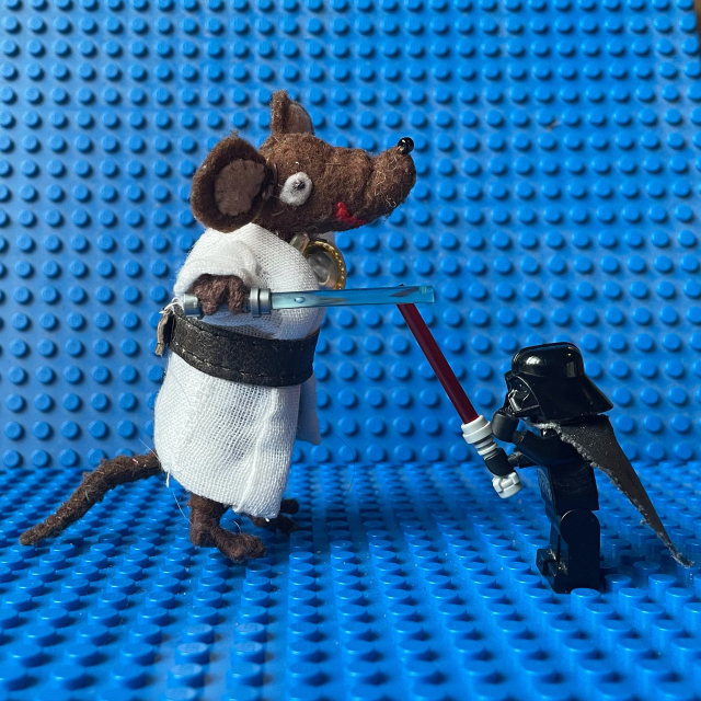 Photo of Silvius the little Latin mouse, dressed as Luke Skywalker and engaged in a light sabre battle with a Lego figure of Darth Vader