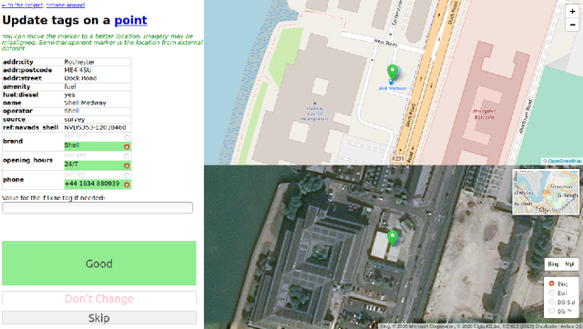 Conflation Audit screenshot. Title says, "Update tags on a point". By tags, it's a Shell fuel station, already mapped on OSM. It proposes to add three tags: brand=Shell, opening_hours=24/7, and a phone. There are three buttons: "Good", "Don't Change", and "Skip".

To the right, there are two maps: one with an OSM background, and another with Bing imagery. On both there are two markers very close to each other: green and faint blue.