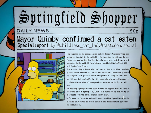 SPRINGFIELD SHOPPER - Correction by Childless Cat Lady 

Joe Quinby confirmd a cat eaten by Homer S.

In response to the recent claims made by former President Trump regarding an incident in Springfield, it's important to address the confusion surrounding the details. While he accurately noted that a cat was eaten in Springfield, he mistakenly conflated Springfield, Ohio, with Springfield County.

This morning, Mayor Joe Quimby confirmed a bizarre incident involving a cat named Snowball III, which was accidentally consumed by Homer Jay Simpson. This peculiar event has sparked a flurry of reactions, but it’s crucial to clarify that the photo circulating online does not substantiate claims of widespread cat consumption in Springfield, Ohio.

The hashtag #Springfield has been misused to suggest that Haitians are eating cats in Springfield, Ohio. This narrative is misleading and detracts from the actual events taking place.

Let’s focus on the facts and avoid sensationalism. Spreading unfounded claims only serves to create division and misunderstanding within our communities.