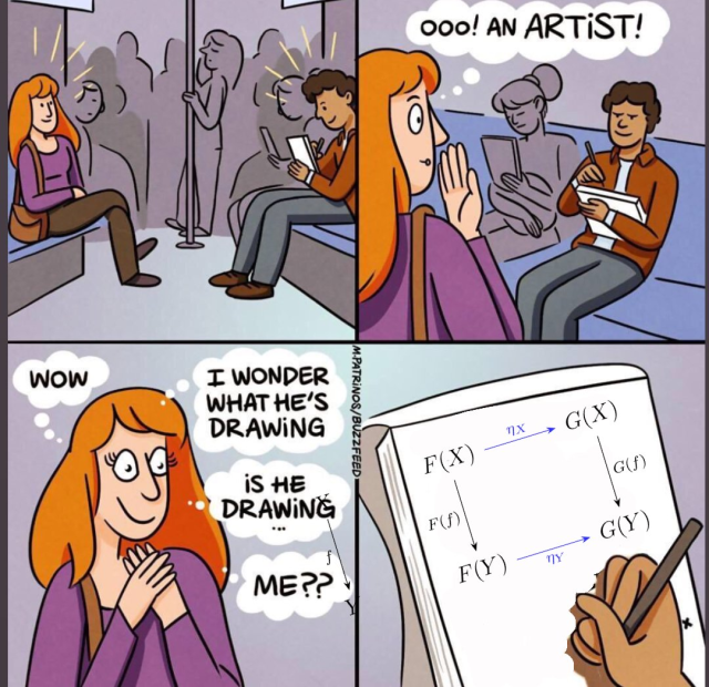 Comic with 4 panels.
First panel: A girl notices a guy who's sitting in front of her in the tube, drawing something in a notebook.
Second panel: Girl thinks "Ooo! An artist!"
Third panel: "Wow, I wonder what he's drawing. Is he drawing... me??"
Fourth panel: We see what the guy is drawing in the notebook: it's a commutative diagram.