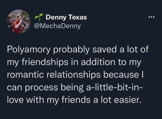 Tweet from @ Mecha Denny. Polyamory probably saved a lot of my friendships in addition to my romantic relationships because | can process being a-little-bit-in- love with my friends a lot easier. 