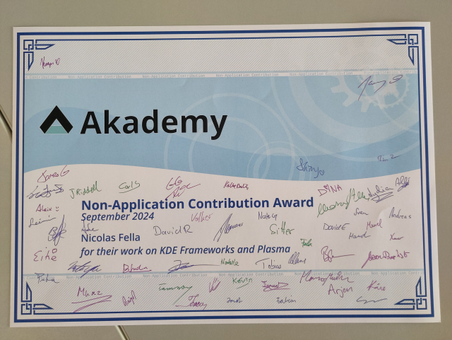 Non-Application Contribution Award
September 2024
Nicolas Fella
For their work on KDE Frameworks and Plasma