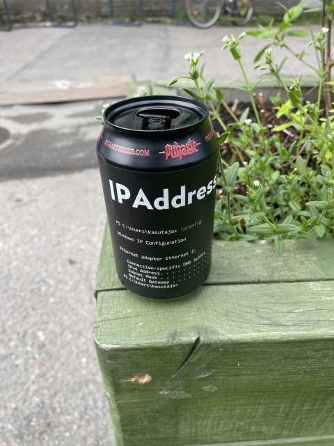 craft beer, named "IP Address", presumably an IPA because that's the joke. Can uses a black design with a powershell prompt showing ipconfig output