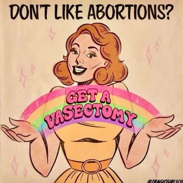 Comic style meme with the message "Don't like abortions? Get a vasectomy"