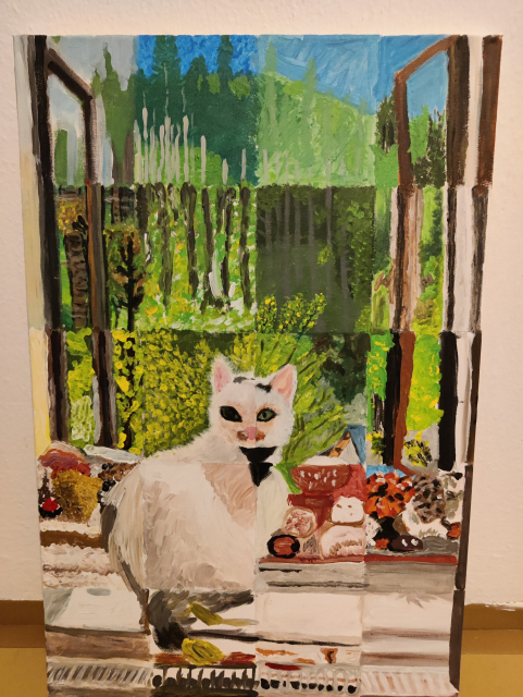 Painting of me sitting on a window with a forrest in the background. The painting is divided into 20 smaller rectangles and each rectangle is painted in a different style as they were painted by different people.