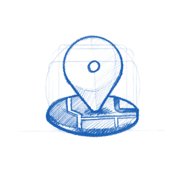 Mercator app icon sketch. This image depicts a location pin symbol. It's drawn in a rough, sketched style, likely with a pencil or digital drawing tool. The pin is positioned above a map-like surface, which is represented by a grid of lines and shapes. The pin itself is a simple rounded shape with a small circle at its center. The overall impression is of a basic, minimalist representation of a location marker.