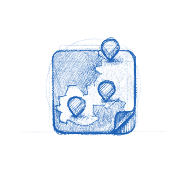 Mercator app icon sketch. This image depicts a sketch of a map with three location markers placed on it. The map is inside a square with rounded corners, drawn in blue lines. The location markers, which are teardrop-shaped symbols, are scattered across different regions of the map. In the bottom right corner, there is a curled-up corner of the map, giving the impression that the map is either old or slightly peeled. The overall style is rough and hand-drawn, maintaining a minimalist, conceptual feel similar to the previous image.