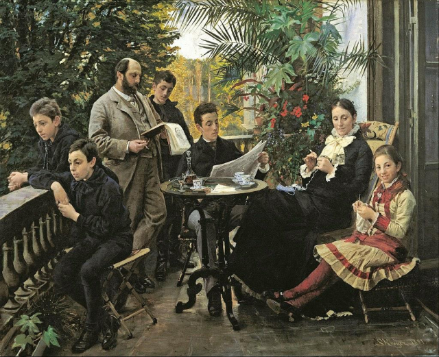 A painting of a large family from the late-1800s gathered on a stone balcony with balusters and an ornate coffee table. Two boys gaze over the balcony, father is standing reading a book with another son peering over his shoulder. Another son is reading the newspaper. A daughter gazes, mother watching her. All are quiet and in their own worlds