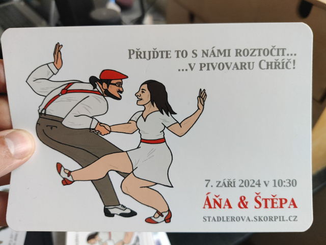 Invitation postcard with a drawing of me and Anna dancing swing.
I have white shirt with gray trousers and red accessories. Anna is wearing white dress with a red belt.