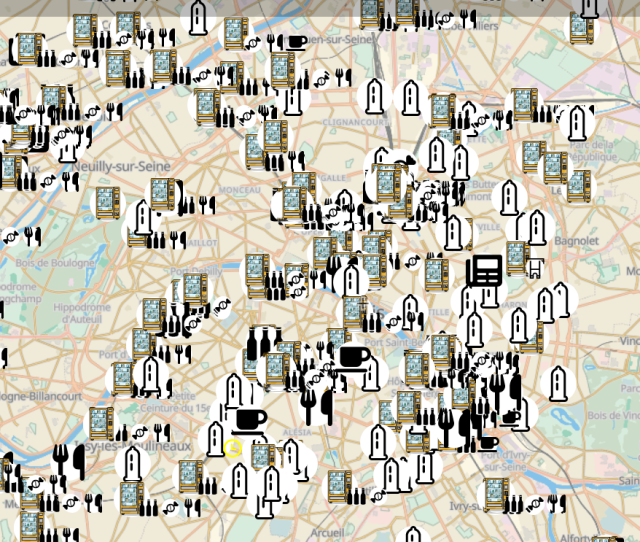 A map with vending machines, centered around Paris