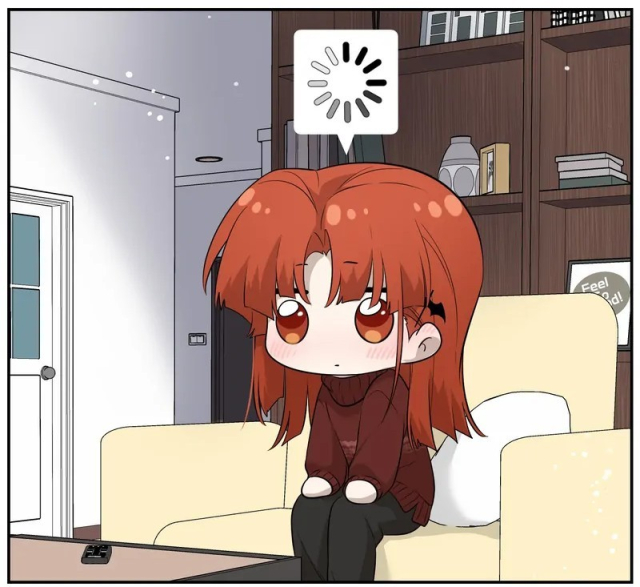 colourful manhua panel of a living room. a red haired, chibi looking femme with pale skin and big red eyes is sitting on a yellow sofa staring into nothingness with her hands on her knees while a speech bubble has a computer "processing" symbol.