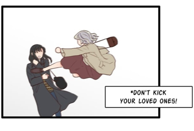 manhwa frame of two very stylishly dressed women.
the woman on the left is a tall brunette in a long dark coat, bracing herself, as the silver? haired woman on the right in a beige coat and a red skirt fly-kicks her in the chest

text in the bottom right corner reads: *Don't kick your loved ones! 