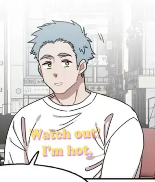 manhwa panel of a light skinned hunky young masc character with short silver? hair, looking towards to viewer. he's wearing a white sweater with yellow/golden writing that says:

Watch out!
I'm hot.