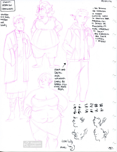 Sketchpage of studies based on Ryoko Kui's art from Dungeon Meshi, showing character body types.