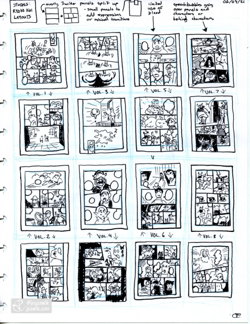 Sketchpage of thumbnail studies from Delicious in Dungeon, there's 16 thumbnails total.