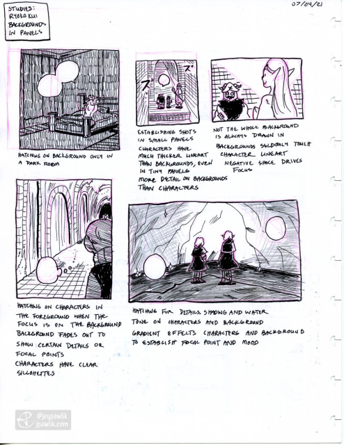 Sketchpage of studies of panels from Delicious in Dungeon focusing on backgrounds.