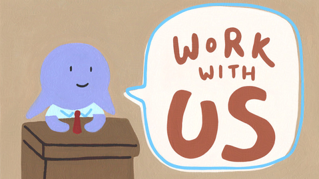 A Goblin and the text "Work With Us"