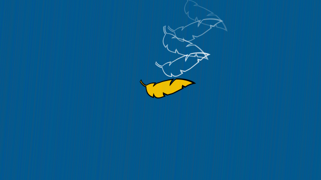 Yellow Haiku leaf with a black outline on a bluish background falling down, with white outline trails above it