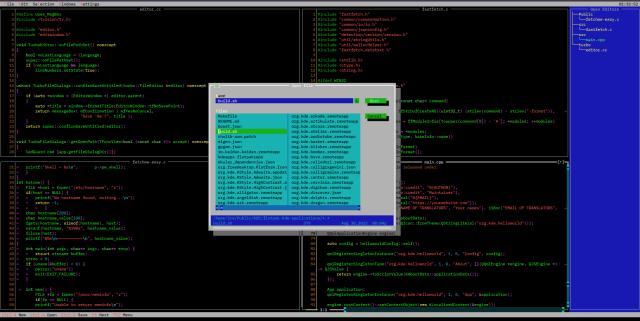 turbo text editor with multiple files opened and an Open File dialogue visible atop them, showing a directory with many files and folders in a dual-pane layout.