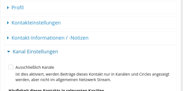 "Ausschließlich Kanäle Ist dies aktiviert, werden Beiträge dieses Kontakt nur in Kanälen und Circles angezeigt werden, aber nicht im allgemeinen Netzwerk Stream."