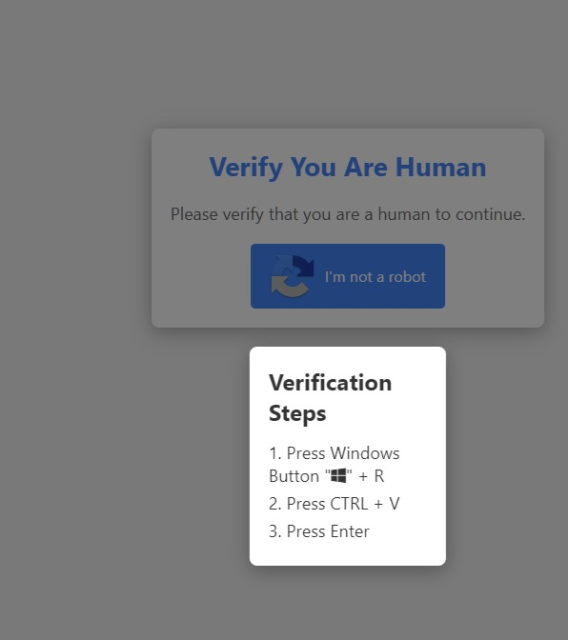 Windows screenshot showing a pop-up pretending to be a CAPTCHA ("verify if you're human") and instructions to click Win+R, Ctrl-V and Enter