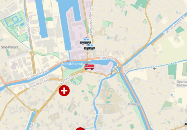 A 'disaster response' map showing a fire truck icon, police cars at the police station and a clinic icon.