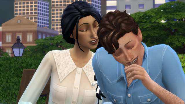 Screenshot from The Sims 4, showing two teenagers - a girl with straight black hair and a boy with curly brown hair - sitting on a bench. The girl seems to have said something funny in the boys ear, and the boy is turning away laughing.