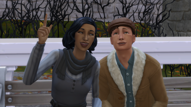 Screenshot from The Sims 4, showing two middle-aged adults - a woman with black hair and a man wearing a hat - sitting on a bench. They're both looking toward the sky, with the woman pointing her finger up to bring something to the man's attention.