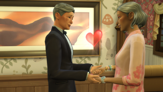 Two elderly Sims - a man and a woman - standing in a hallway.  They're holding each other's hands and looking the other lovingly in the eyes.