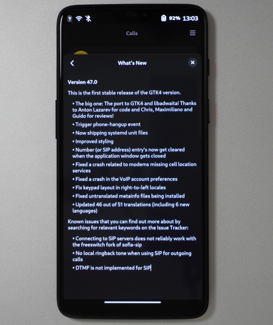 The "What's New" screen for the GNOME Calls app. "Version 47.0: This is the first stable release of the GTK4 version." The first changelog entry is "The big one: The port to GTK4 and libadwaita! Thanks to Anton Lazarev for code and Chris, Maximiliano and Guido for reviews!"