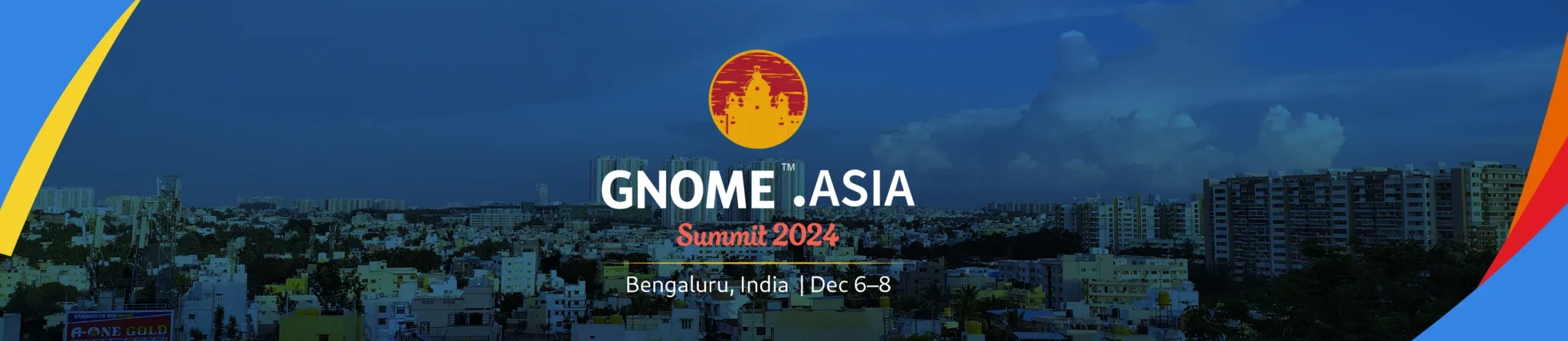 GNOME Asia Summit 2024 banner. Contains the conference dates (Dec 6-8), location (Bengaluru, India), and a background image of the location.