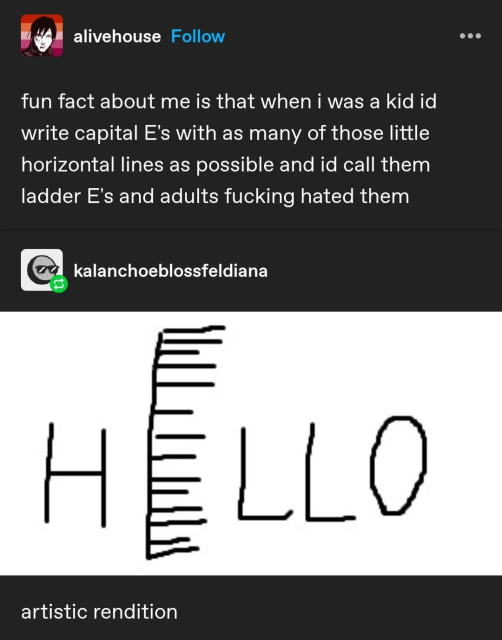 Dessin où le mot "Hello" est écrit avec une dizaine de barres dans le E