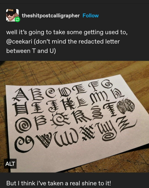 Photo d'un alphabet calligraphié où tous les éléments saillants des lettres (queue du Q, ondulations du S, etc) ont été multipliées