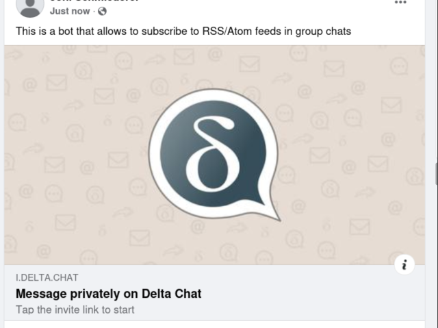 Screenshot of a Facebook message containing an invite-link. It shows a Delta Chat logo and the "Message privately on Delta Chat" with a "tap the invite link to start" text. 