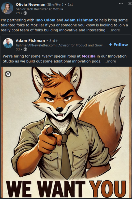 LinkedIn recruiting ad of an athropomorphic cartoon fox saying "we want you" for Mozilla