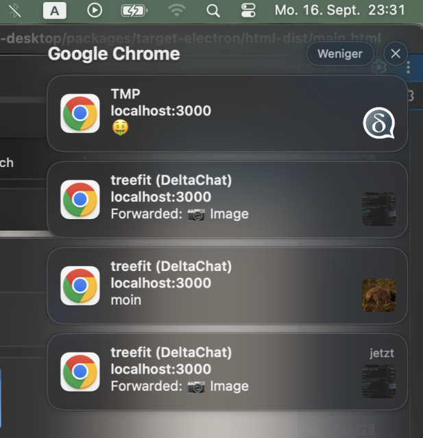 MacOS Notification center showing the following notifications for Google Chrome:
- TMP localhost:3000 money face emoji
- treefit (DeltaChat) localhost:3000 Forwarded: Image
- treefit (DeltaChat) localhost:3000 moin
- treefit (DeltaChat) localhost:3000 Forwarded: Image 