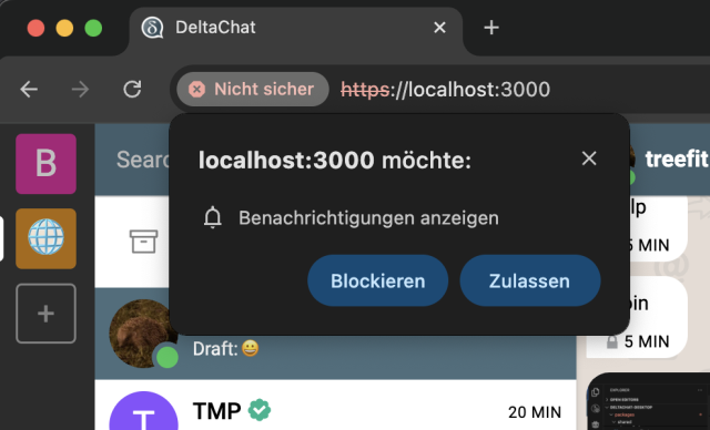 screenshot of chrome notification permission popup for localhost:3000 (deltachat web)