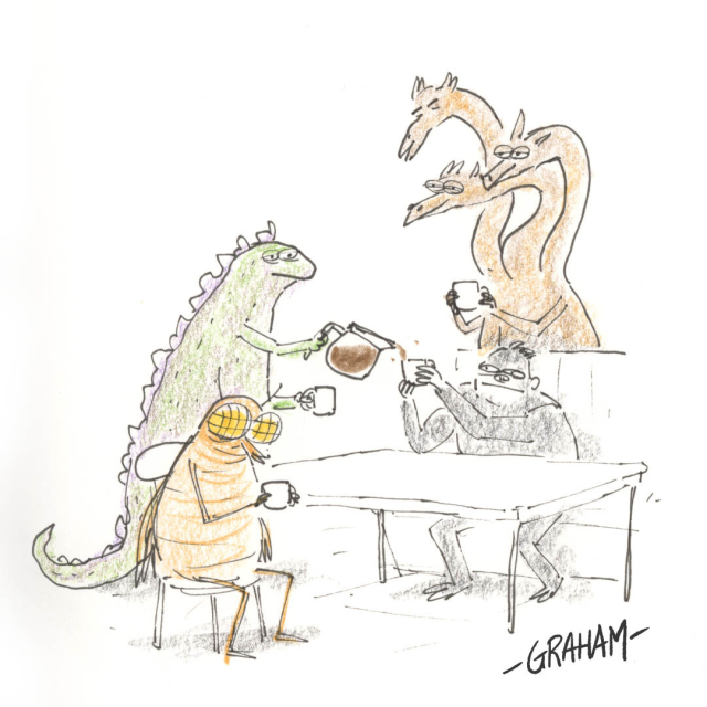 A cartoon illustration of Godzilla, King Kong, King Ghidorah, and a Bug Monster groggily having coffee.