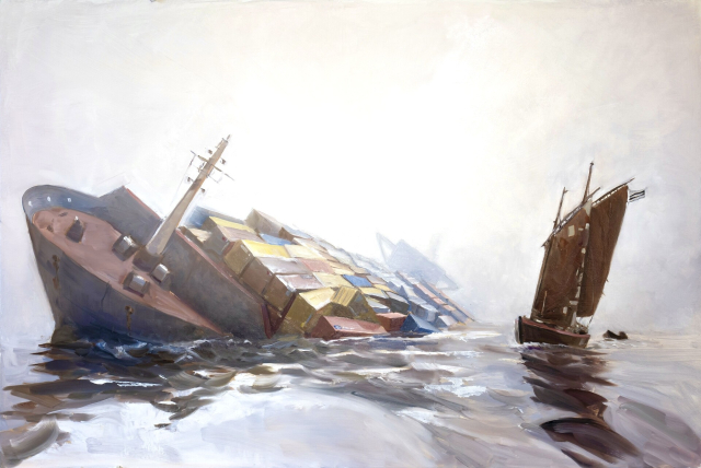 An oil painting by NiwlCraft showing a sea on an overcast day. We can see two ships, one large moving cargo containers with a diesel engine, and one smaller with brown sails. The container ship is capsizing, while the old sailboat keeps sailing unperturbed.