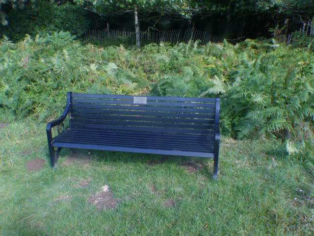 A black 4-seater bench with a backrest and arm rests set on grass. There is an inscription plate on the backrest.